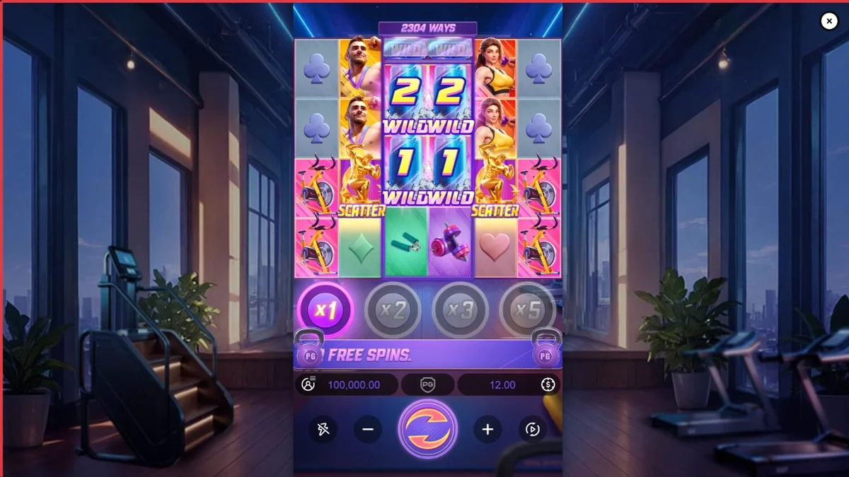 Tampilan visual slot Mighty Mania dengan tema gym dan neon