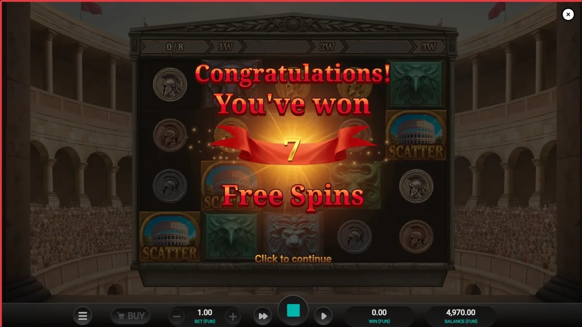 Tampilan visual slot Arena of Fortune dengan tema Colosseum dan gladiator